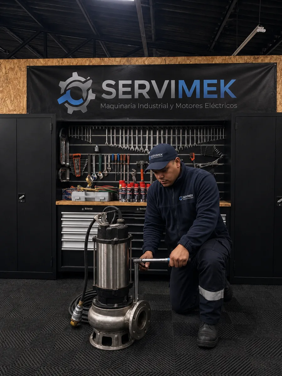 Ajuste de una bomba sumergible con llave de torque en el taller de SERVIMEK